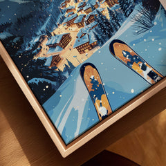 Avoriaz Poster - Winter Chalets Print | French Ski Home Decor showcasing a picturesque winter chalet scene with skis.