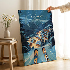 Avoriaz Poster - Winter Chalets Print | French Ski Home Decor, showcasing a winter alpine scene with ski slopes.
