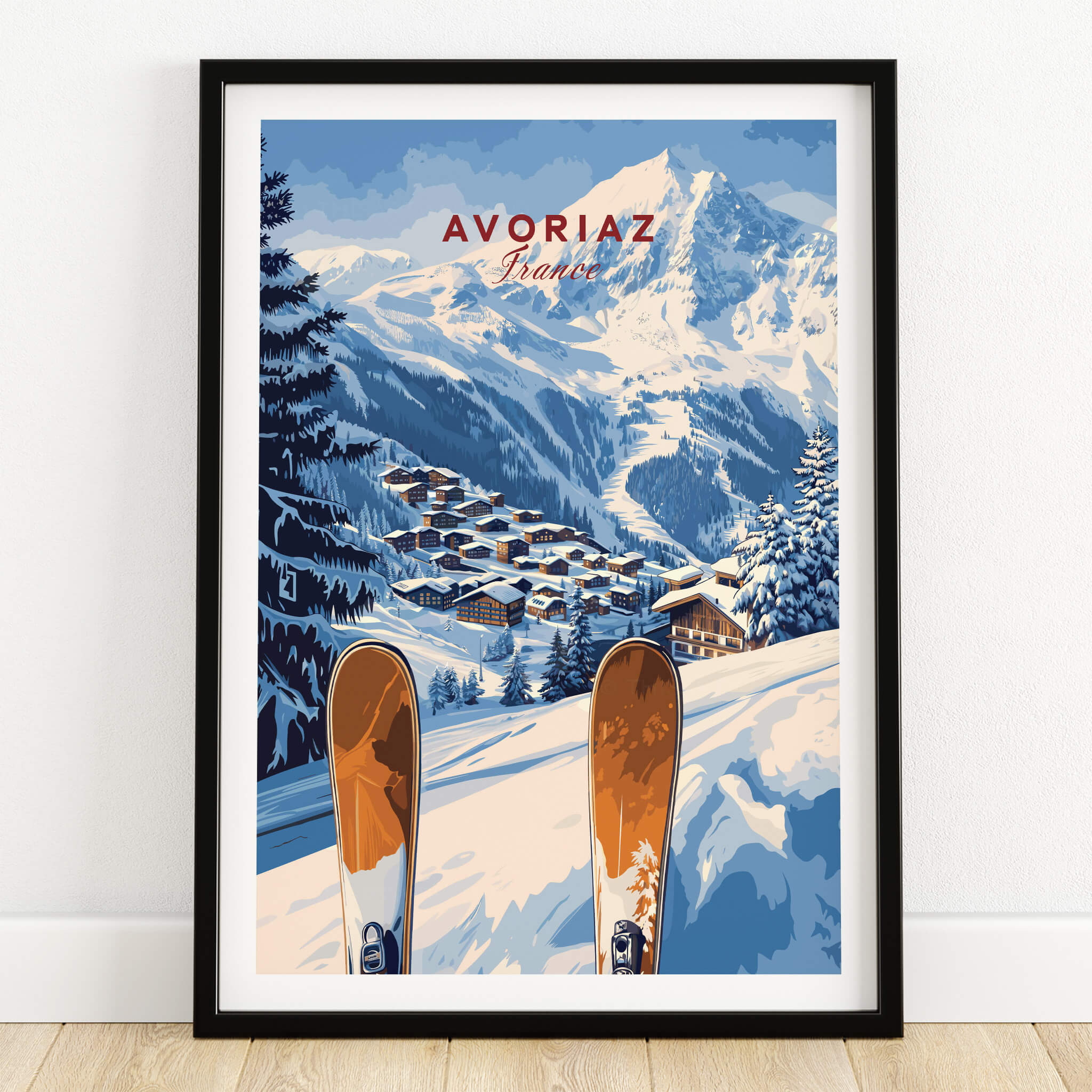 Avoriaz Ski Resort Print | French Alps Winter Wall Art featuring snowy mountains and ski equipment.