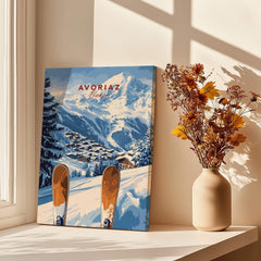 Avoriaz Ski Resort Print | French Alps Winter Wall Art showcasing snowy mountain scenery and ski equipment.