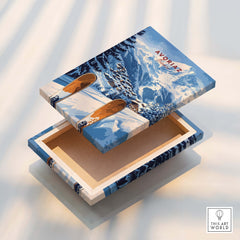 Avoriaz Ski Resort Print | French Alps Winter Wall Art on a wooden box showcasing winter landscapes.