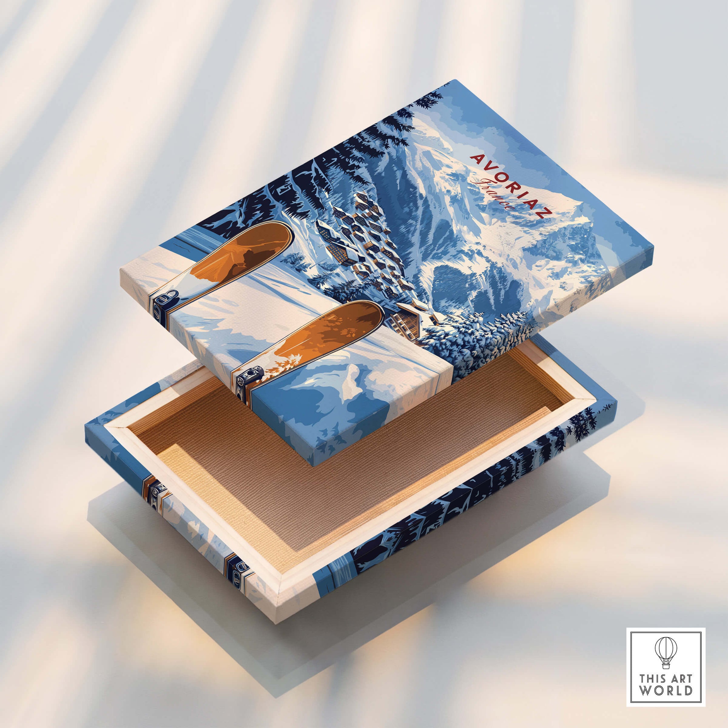 Avoriaz Ski Resort Print | French Alps Winter Wall Art on a wooden box showcasing winter landscapes.