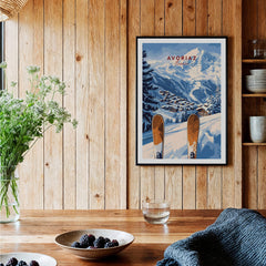 Avoriaz Ski Resort Print | French Alps Winter Wall Art showcasing snowy mountains and skis in a cozy interior.