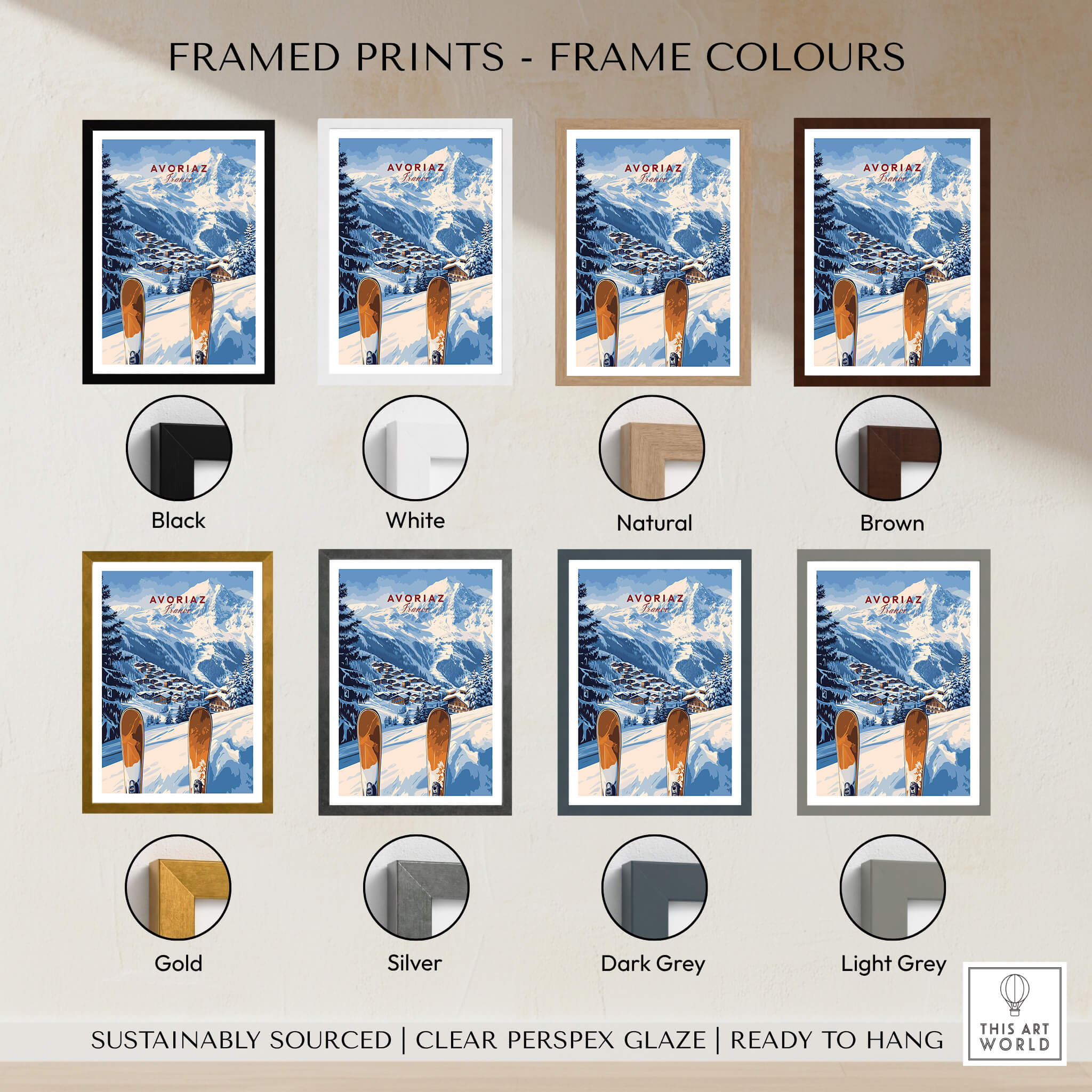Framed prints showcasing the Avoriaz Ski Resort Print | French Alps Winter Wall Art in various frame colors.