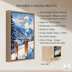 Avoriaz Ski Resort Print | French Alps Winter Wall Art framed canvas print showcasing snowy mountains and ski equipment.