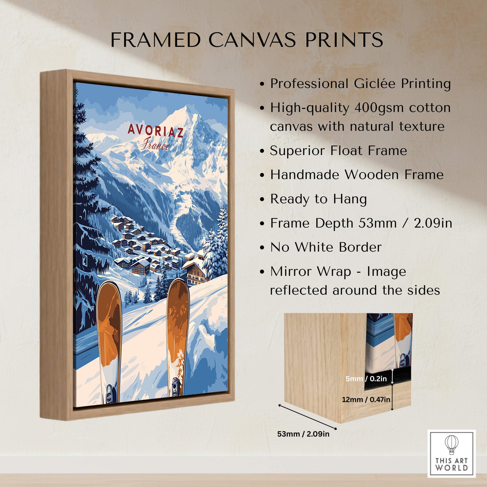 Avoriaz Ski Resort Print | French Alps Winter Wall Art framed canvas print showcasing snowy mountains and ski equipment.