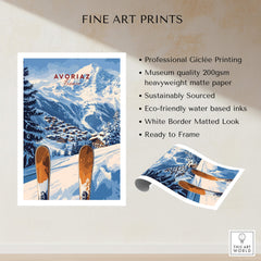 Avoriaz Ski Resort Print | French Alps Winter Wall Art showcasing ski equipment and mountains with fine art print details.