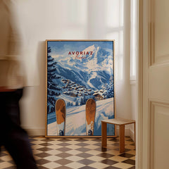 Avoriaz Ski Resort Print | French Alps Winter Wall Art displayed in a stylish interior, showcasing snowy landscapes.