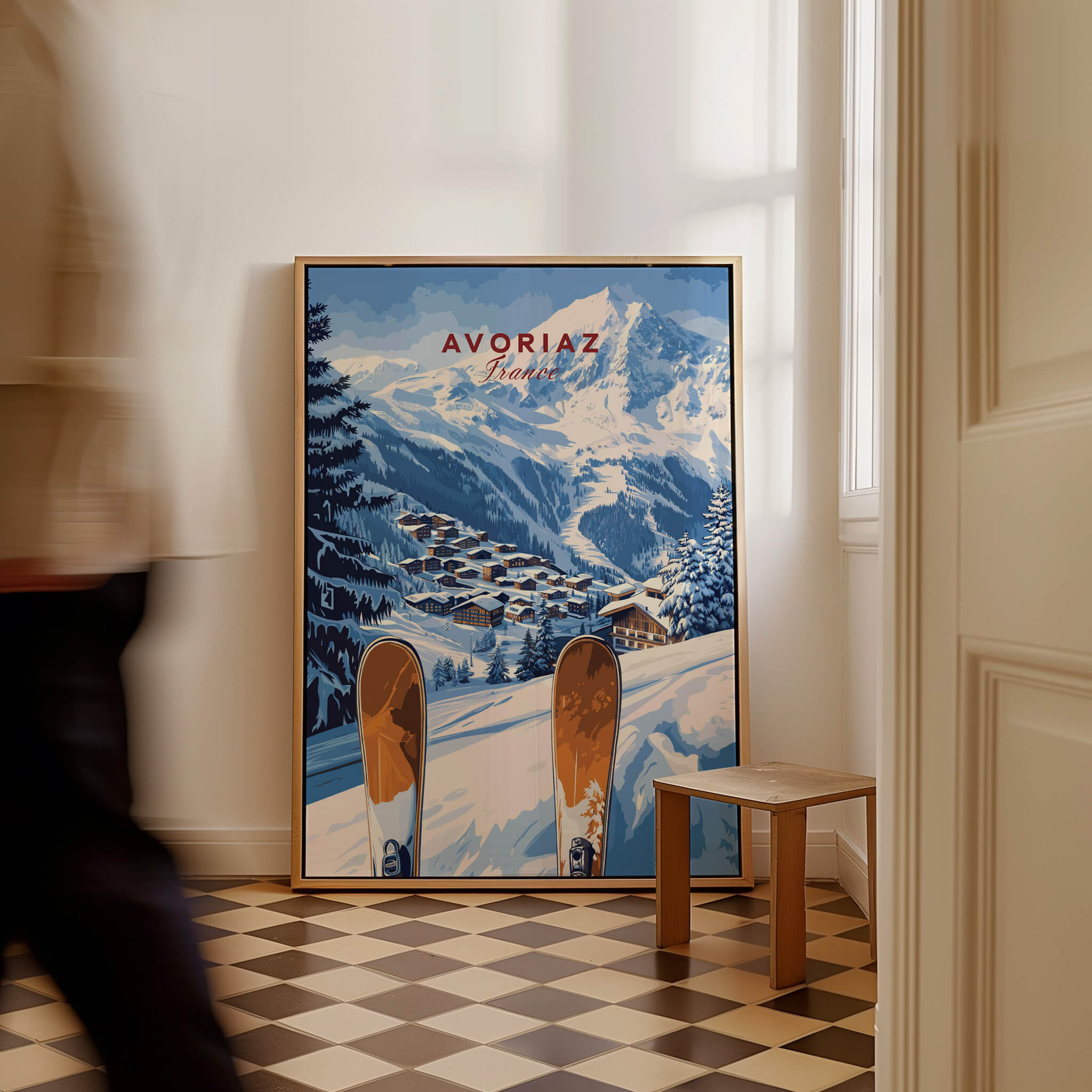 Avoriaz Ski Resort Print | French Alps Winter Wall Art displayed in a stylish interior, showcasing snowy landscapes.