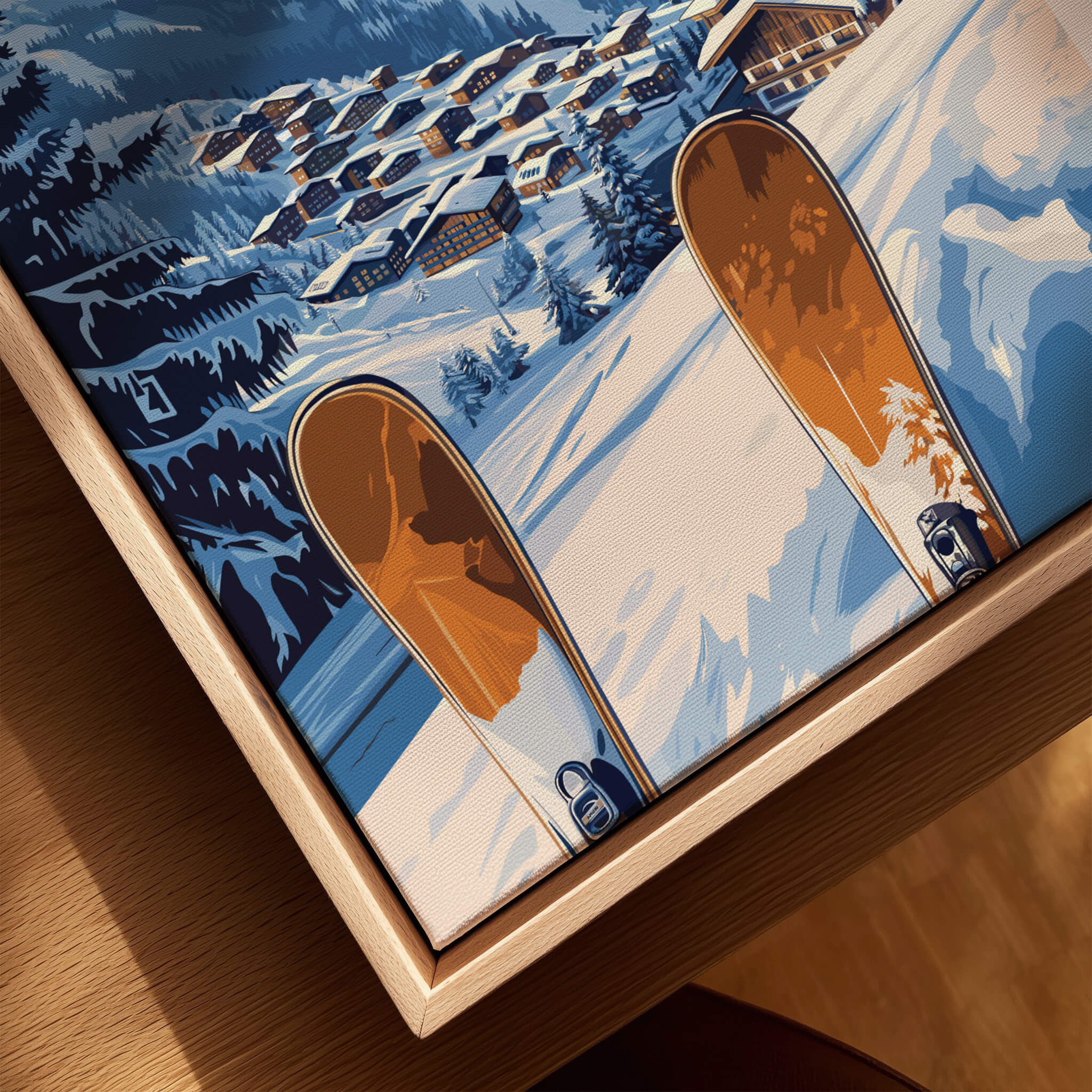 Avoriaz Ski Resort Print | French Alps Winter Wall Art featuring skis on snowy terrain.