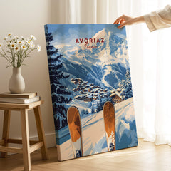Avoriaz Ski Resort Print | French Alps Winter Wall Art showcasing a snowy mountain landscape and skis in a cozy home setting.