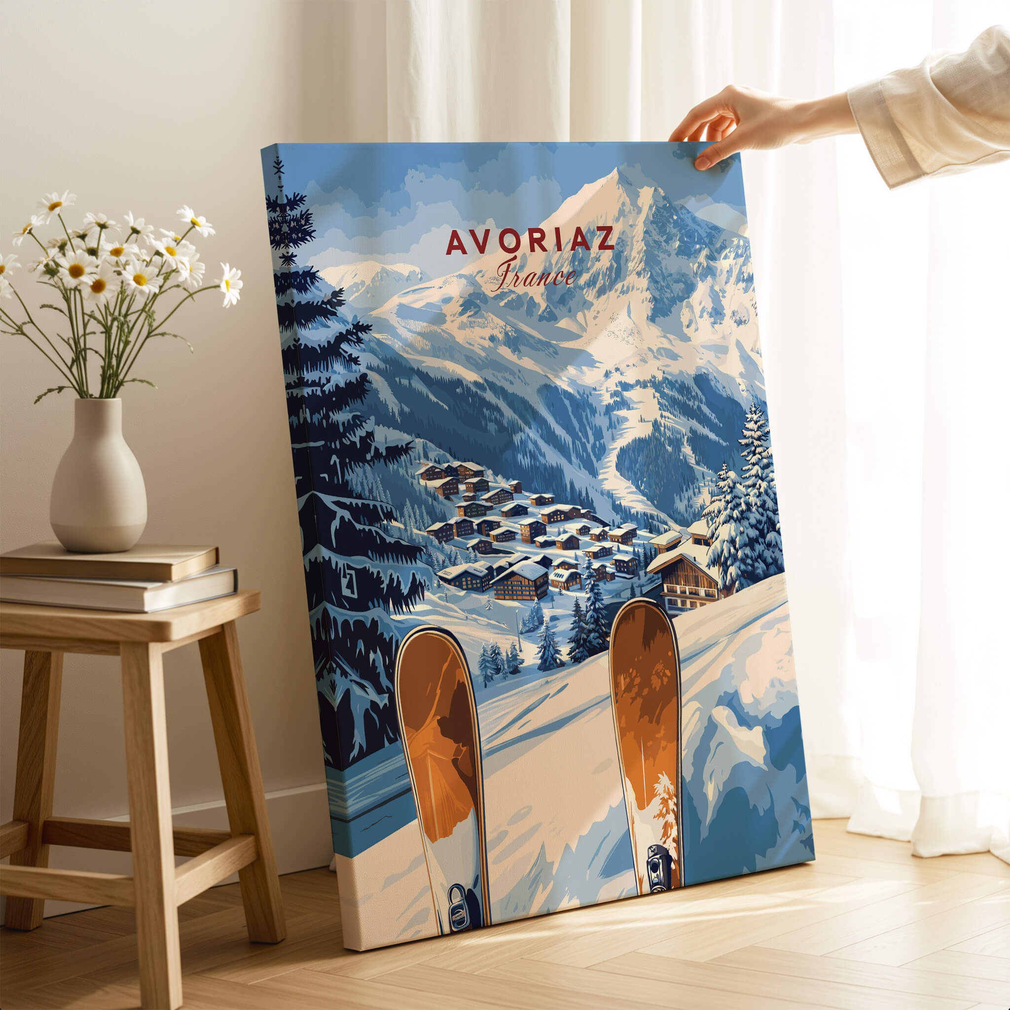 Avoriaz Ski Resort Print | French Alps Winter Wall Art showcasing a snowy mountain landscape and skis in a cozy home setting.