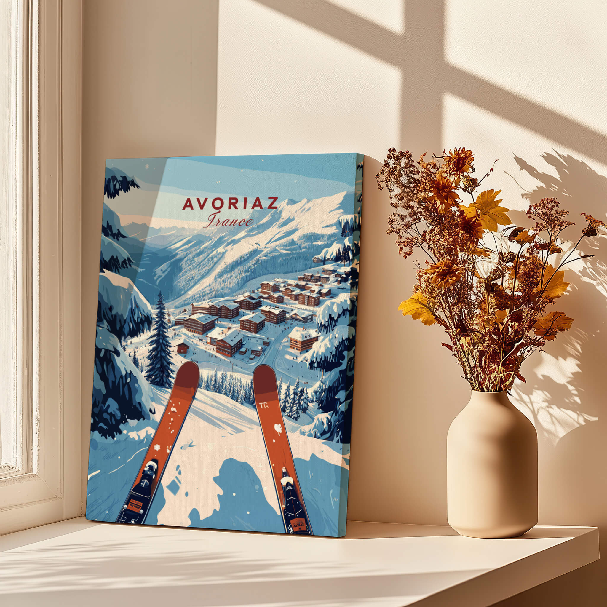 Avoriaz Portes du Soleil Slopes Print | French Alpine Ski Wall Decor featuring skiing view and floral decor.