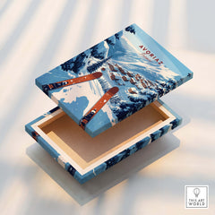 Avoriaz Portes du Soleil Slopes Print | French Alpine Ski Wall Decor box design featuring a snowy landscape with skis.