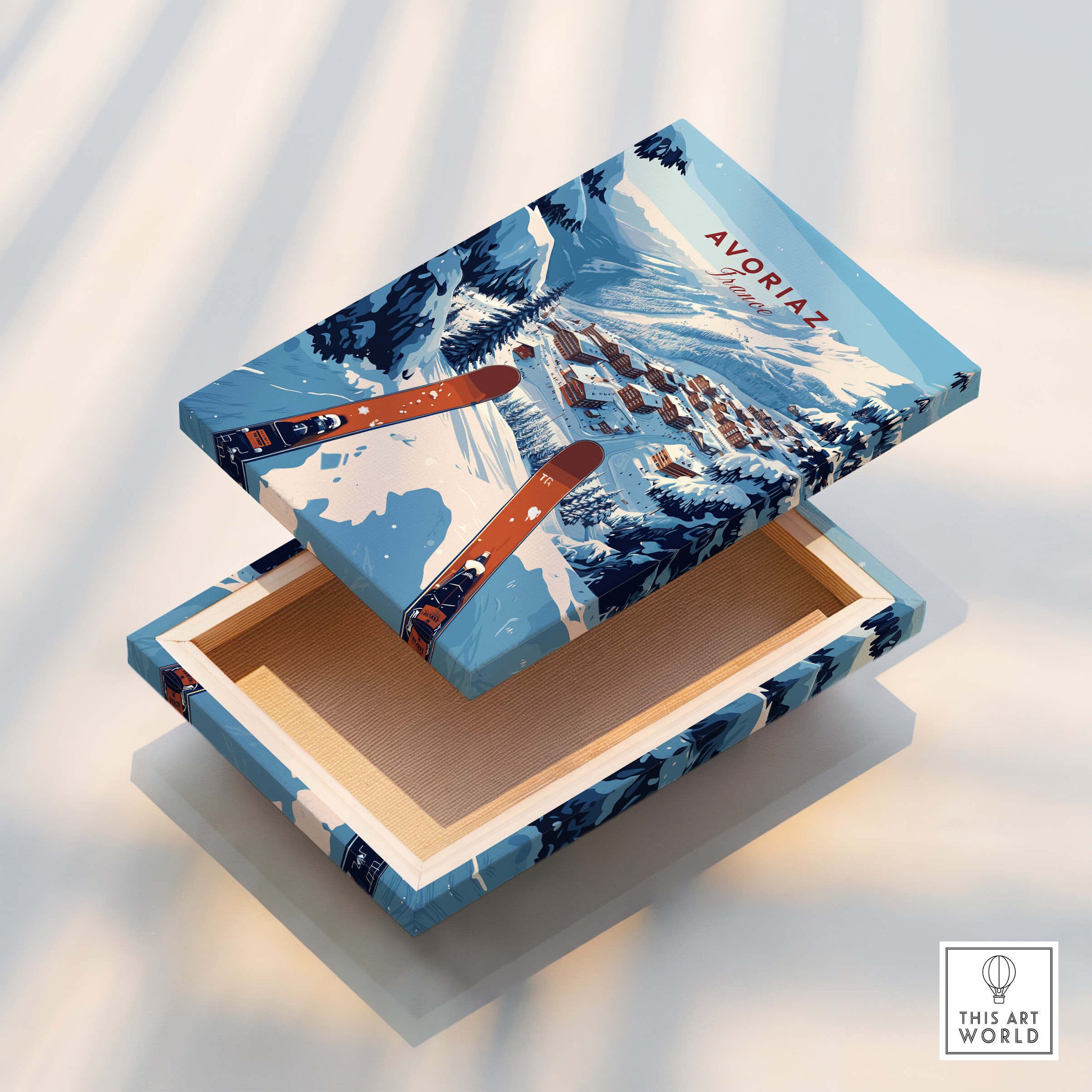 Avoriaz Portes du Soleil Slopes Print | French Alpine Ski Wall Decor box design featuring a snowy landscape with skis.