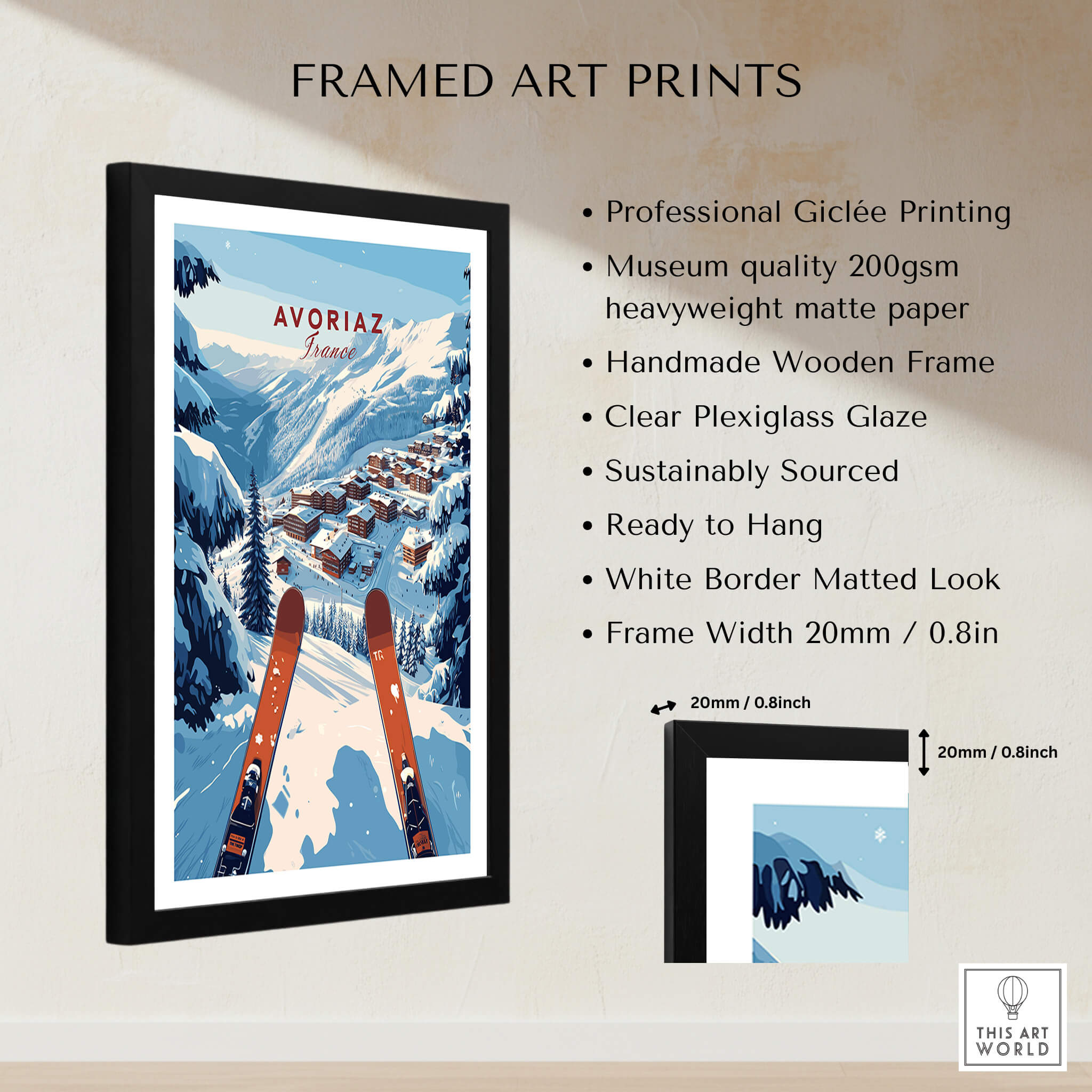 Avoriaz Portes du Soleil Slopes Print | French Alpine Ski Wall Decor showcasing vibrant ski landscape and framed art.