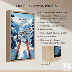 Avoriaz Portes du Soleil Slopes Print | French Alpine Ski Wall Decor featuring vibrant skiing landscape and wooden frame.