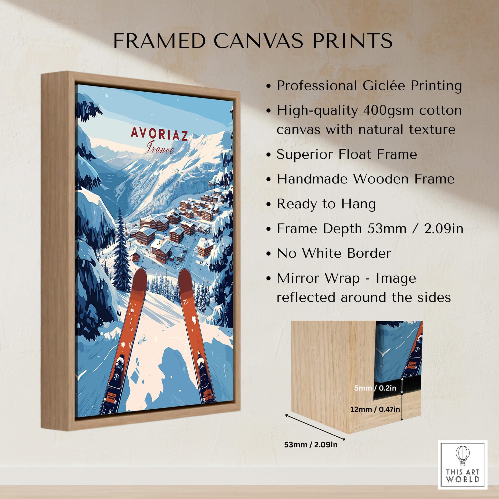 Avoriaz Portes du Soleil Slopes Print | French Alpine Ski Wall Decor featuring vibrant skiing landscape and wooden frame.