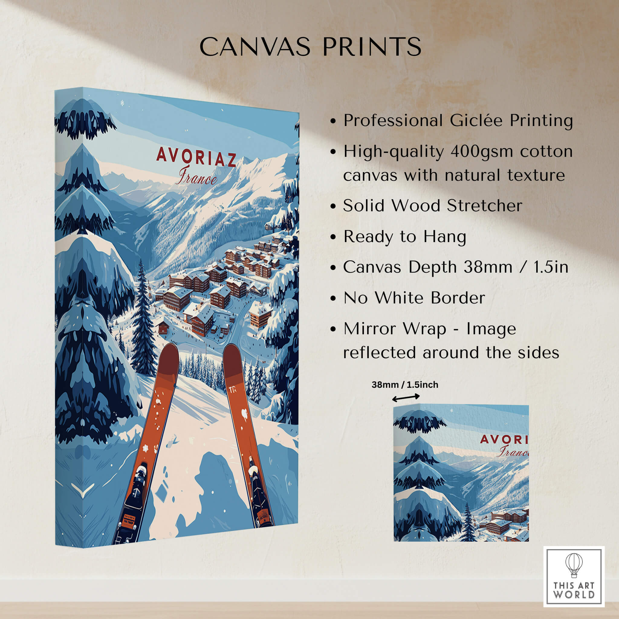 Avoriaz Portes du Soleil Slopes Print | French Alpine Ski Wall Decor featuring vibrant skiing landscape and quality canvas.