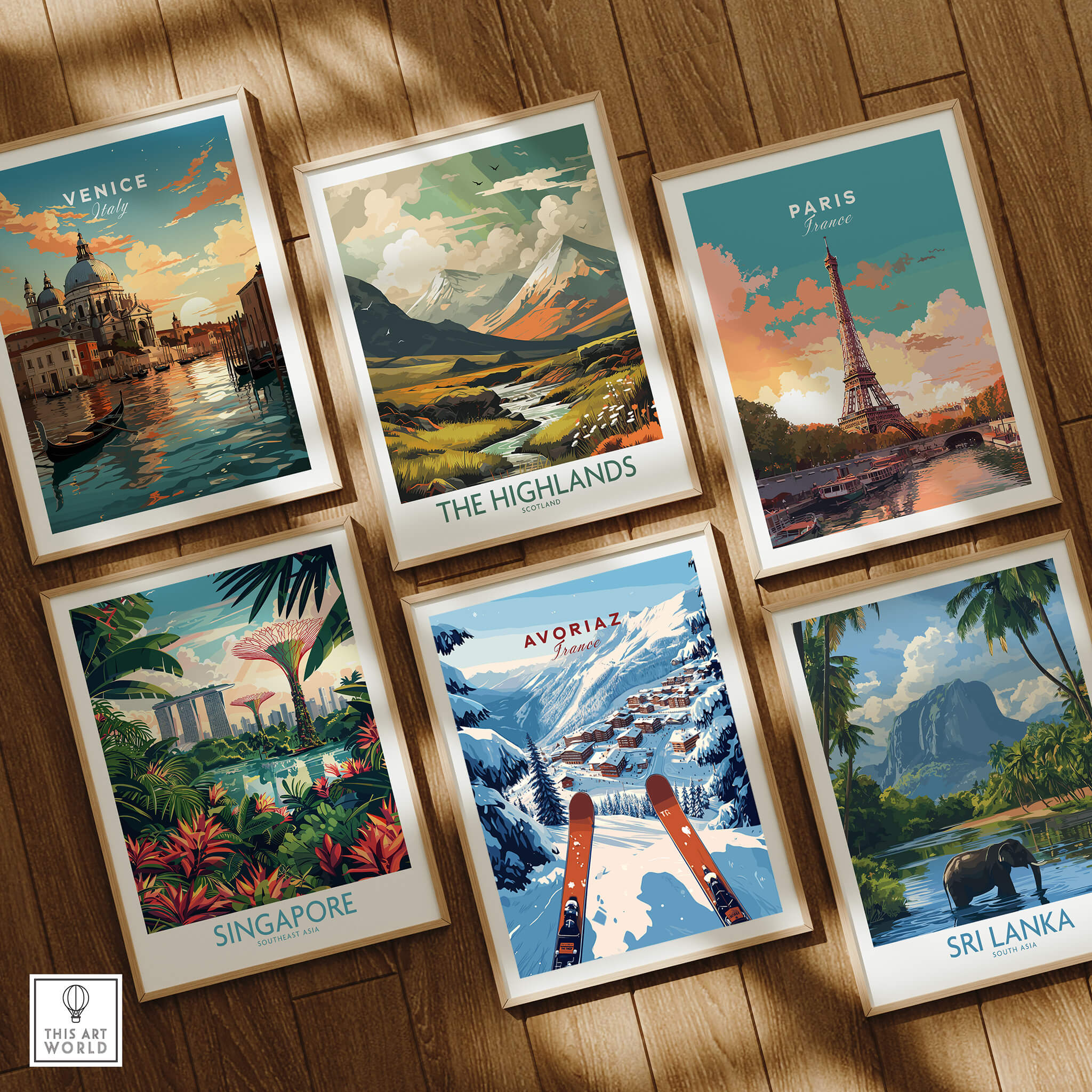 Avoriaz Portes du Soleil Slopes Print | French Alpine Ski Wall Decor displayed among other travel posters.