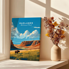 Badlands National Park art print with bison, desert landscape, and clouds beside vase of dried flowers