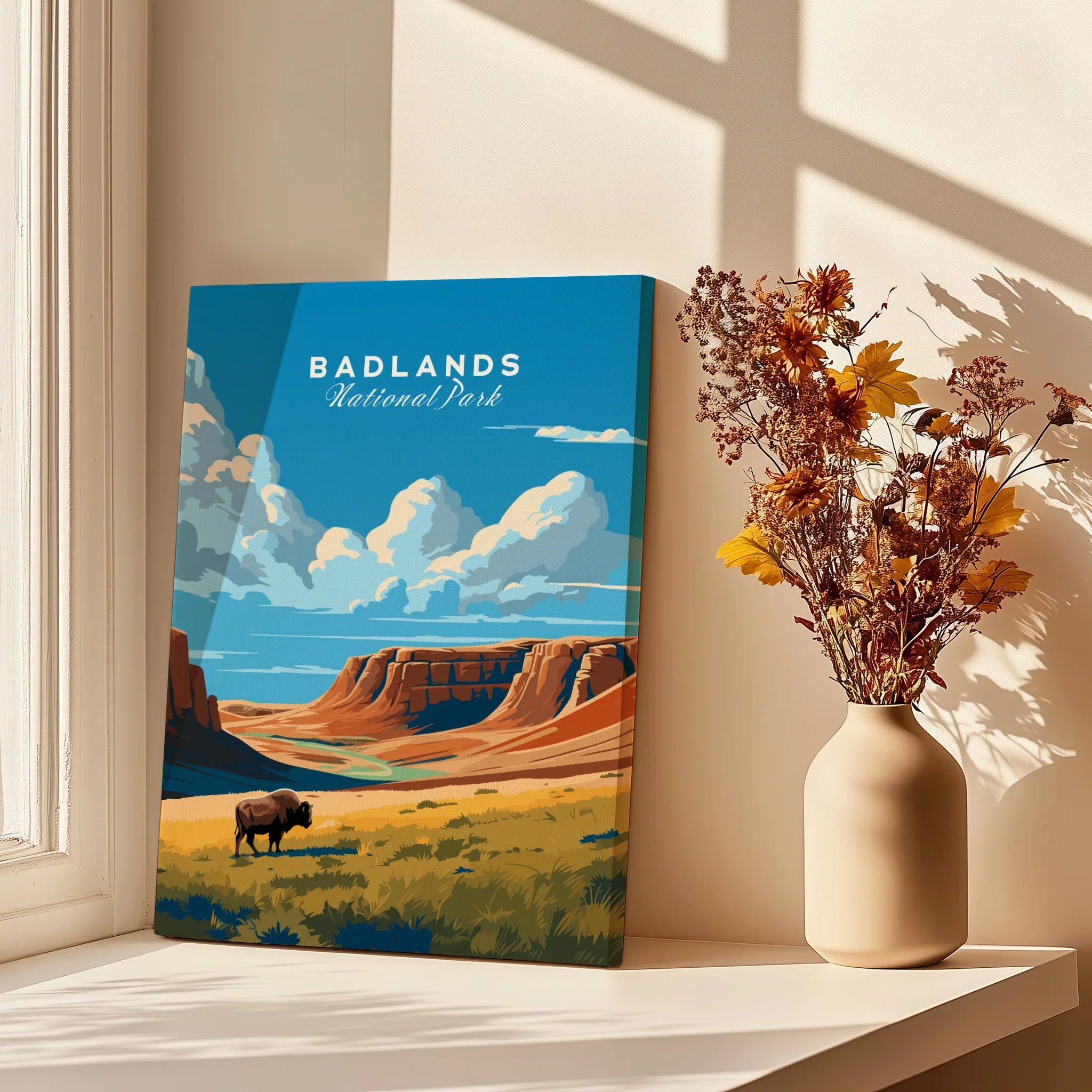 Badlands National Park art print with bison, desert landscape, and clouds beside vase of dried flowers