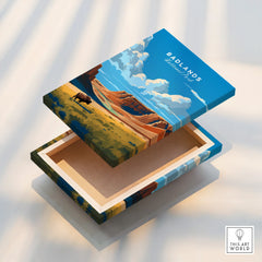 Badlands National Park wall art print with buffalo and canyons in vibrant colors on canvas box.