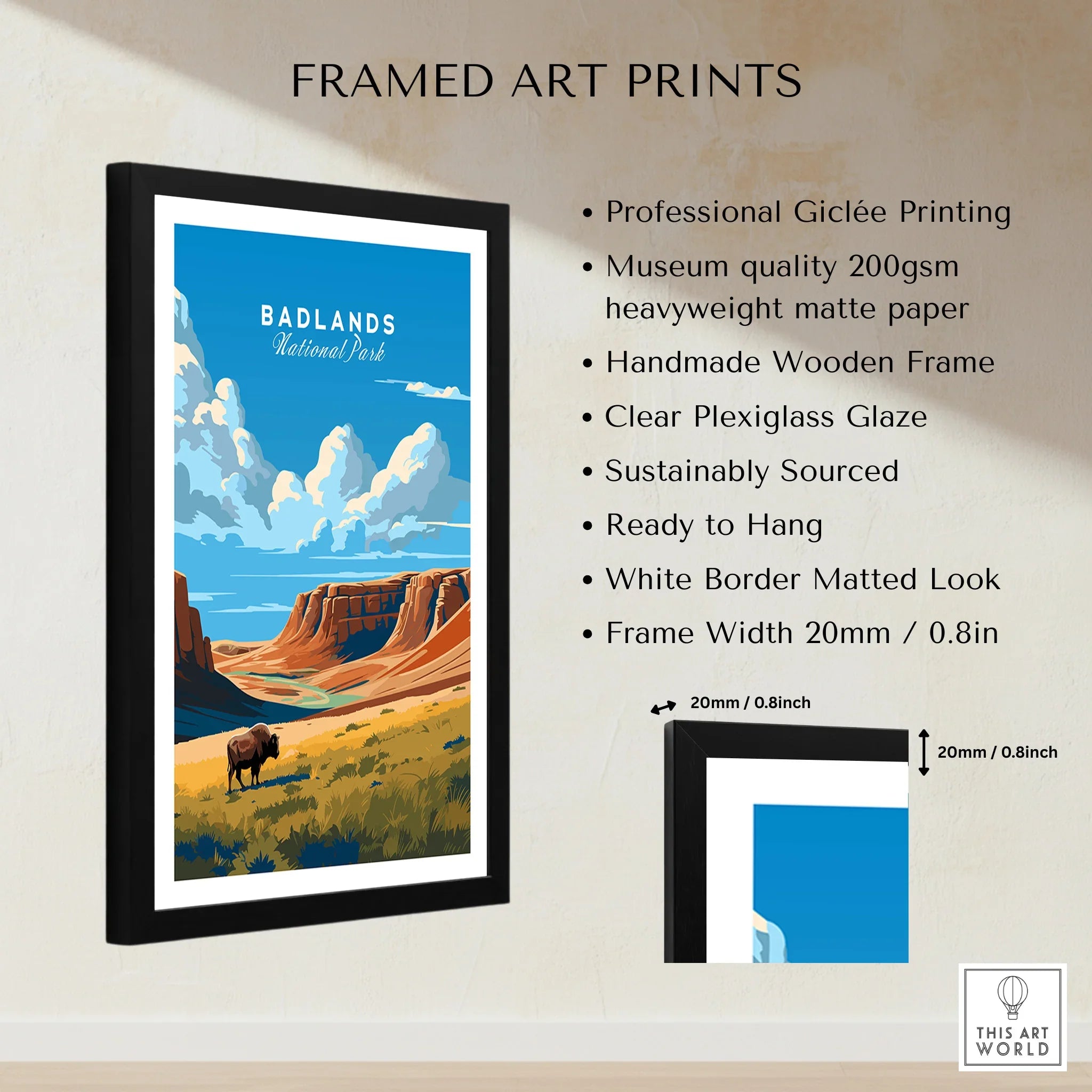 Framed Badlands National Park art print with bison, canyon, and measurement details
