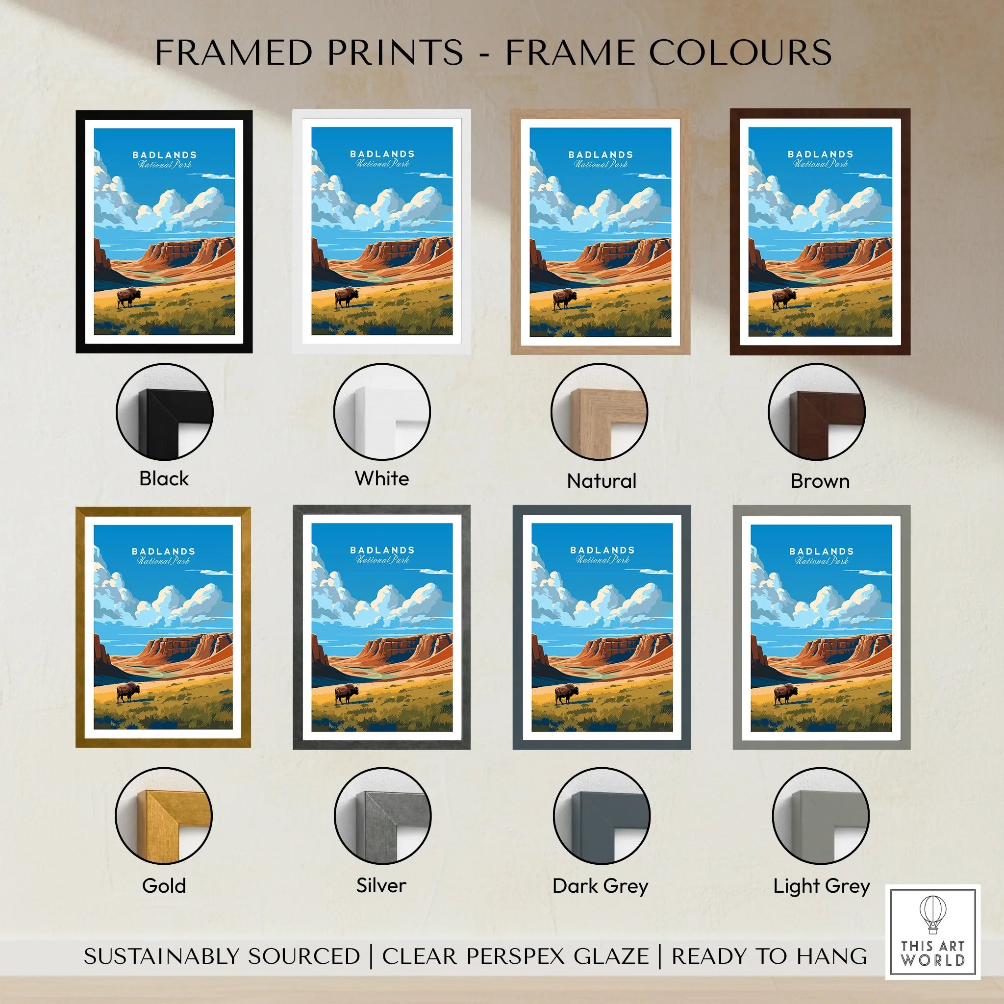 Badlands National Park print with bison in eight frame color options, travel wall art.