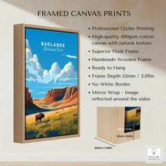 Framed Badlands National Park canvas print with bison and canyon landscape illustration
