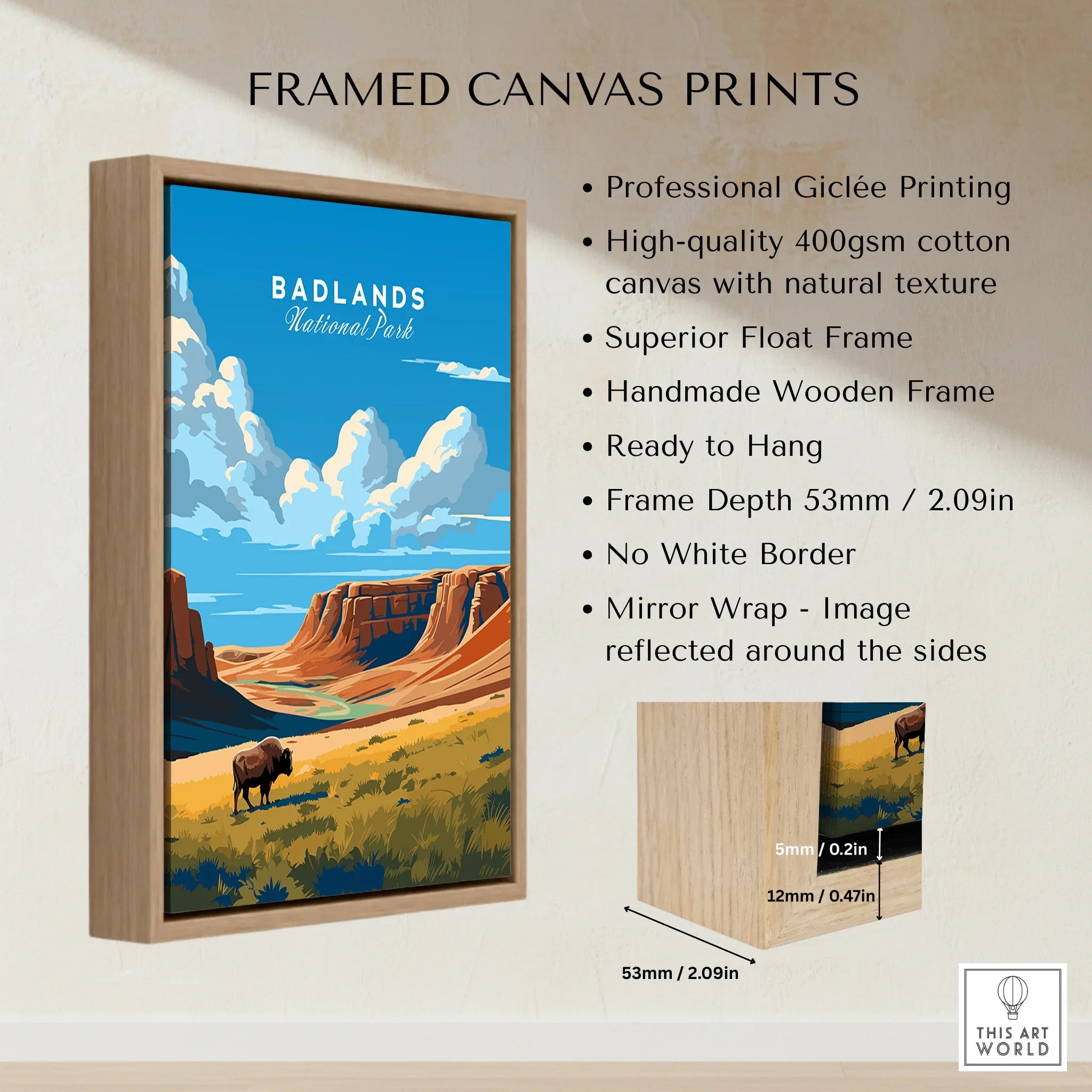 Framed Badlands National Park canvas print with bison and canyon landscape illustration