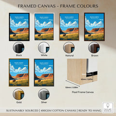 Badlands National Park framed canvas wall art in six frame colors, landscape print with bison.
