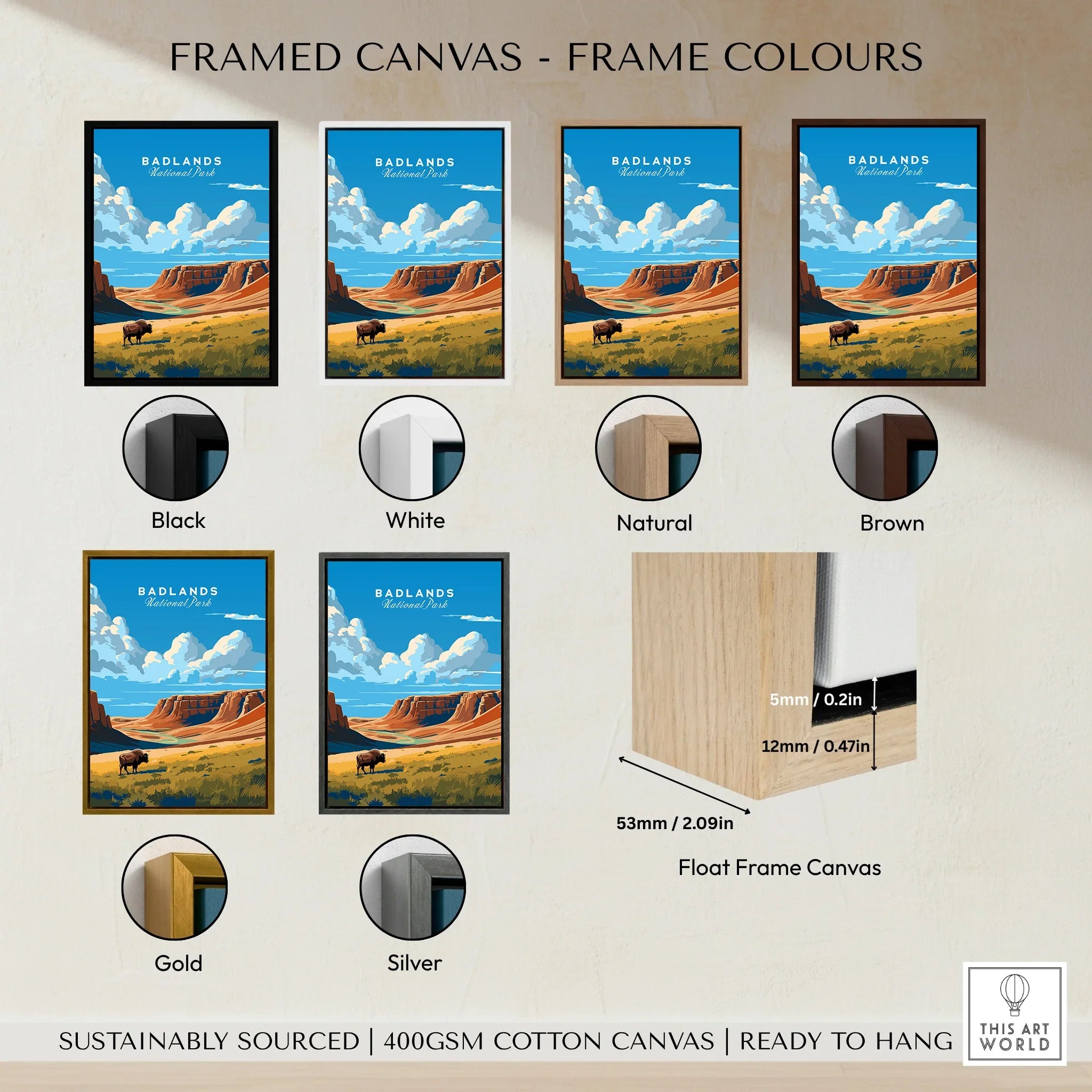 Badlands National Park framed canvas wall art in six frame colors, landscape print with bison.