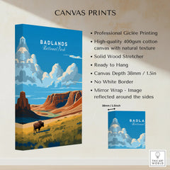 Badlands National Park canvas print with illustrated landscape and grazing bison, wall art details