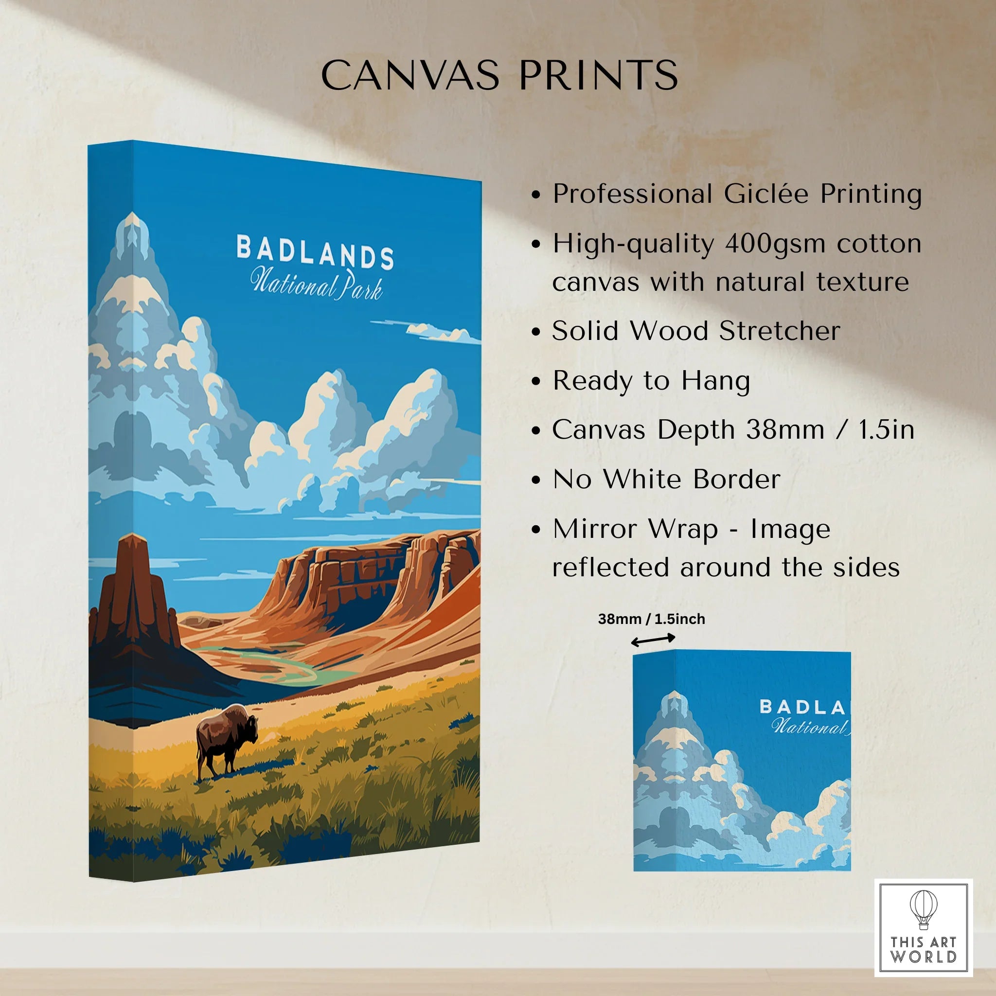 Badlands National Park canvas print with illustrated landscape and grazing bison, wall art details