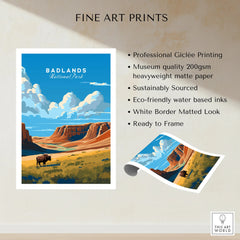 Badlands National Park art print with bison, scenic canyon, blue sky, fine art poster