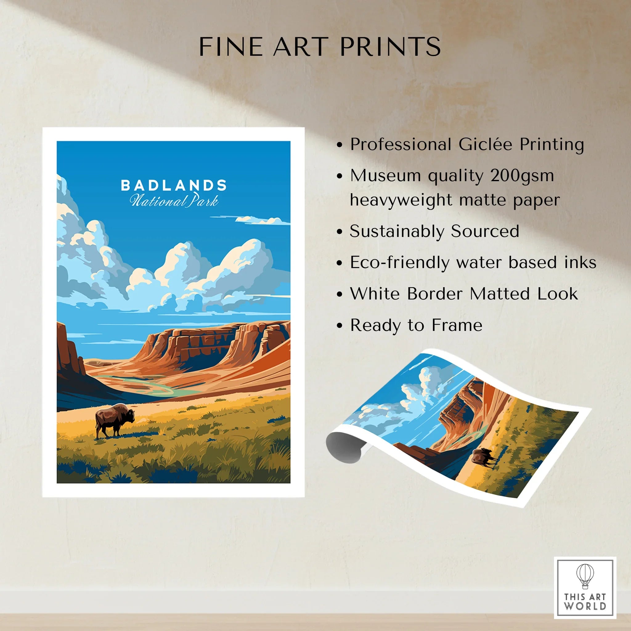 Badlands National Park art print with bison, scenic canyon, blue sky, fine art poster