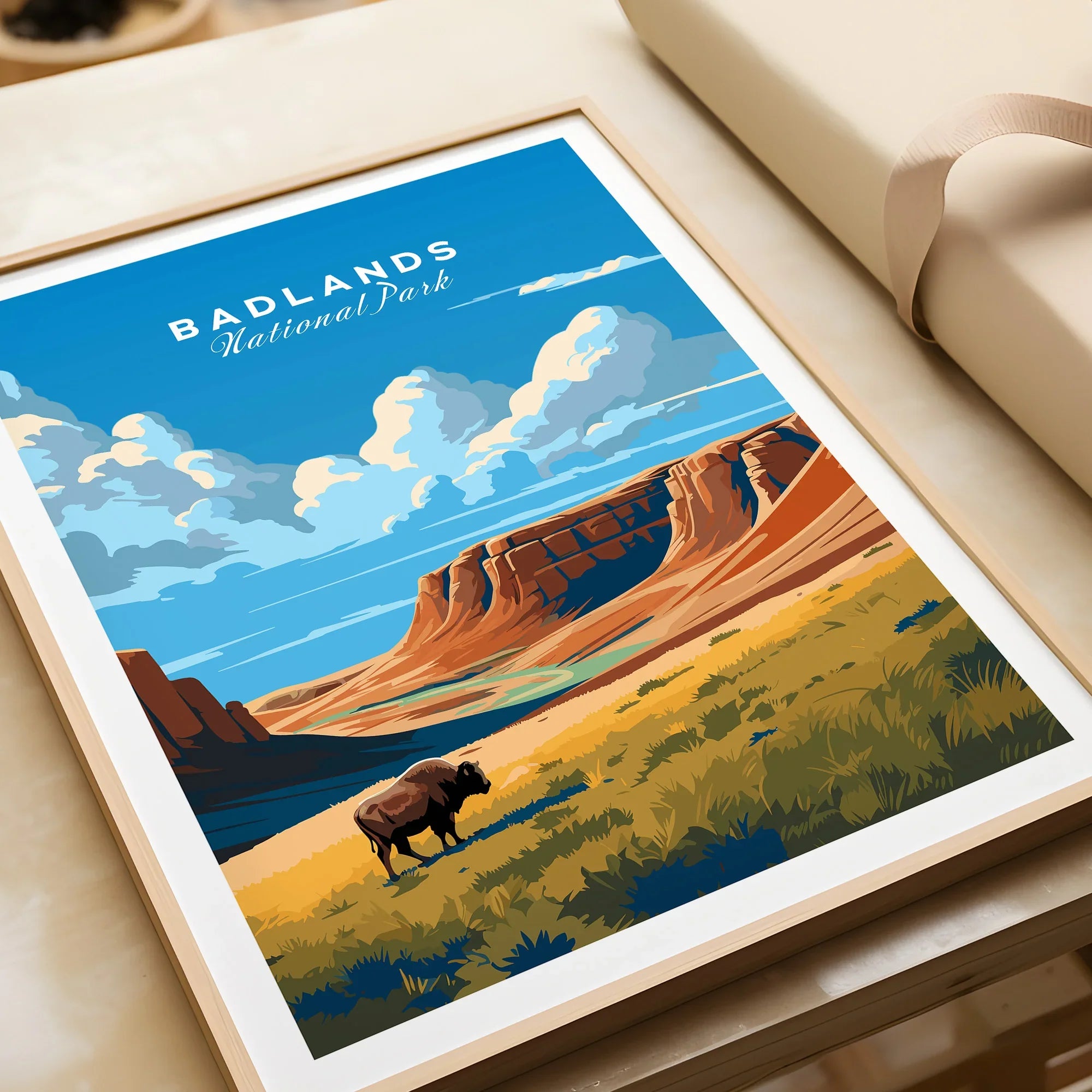 Framed Badlands National Park art print with bison, colorful landscape, and blue sky
