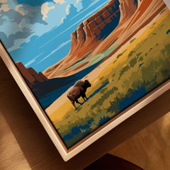Badlands National Park bison wall art print in natural wood floating frame