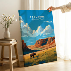 Badlands National Park canvas print with bison, landscape art in modern home decor setting