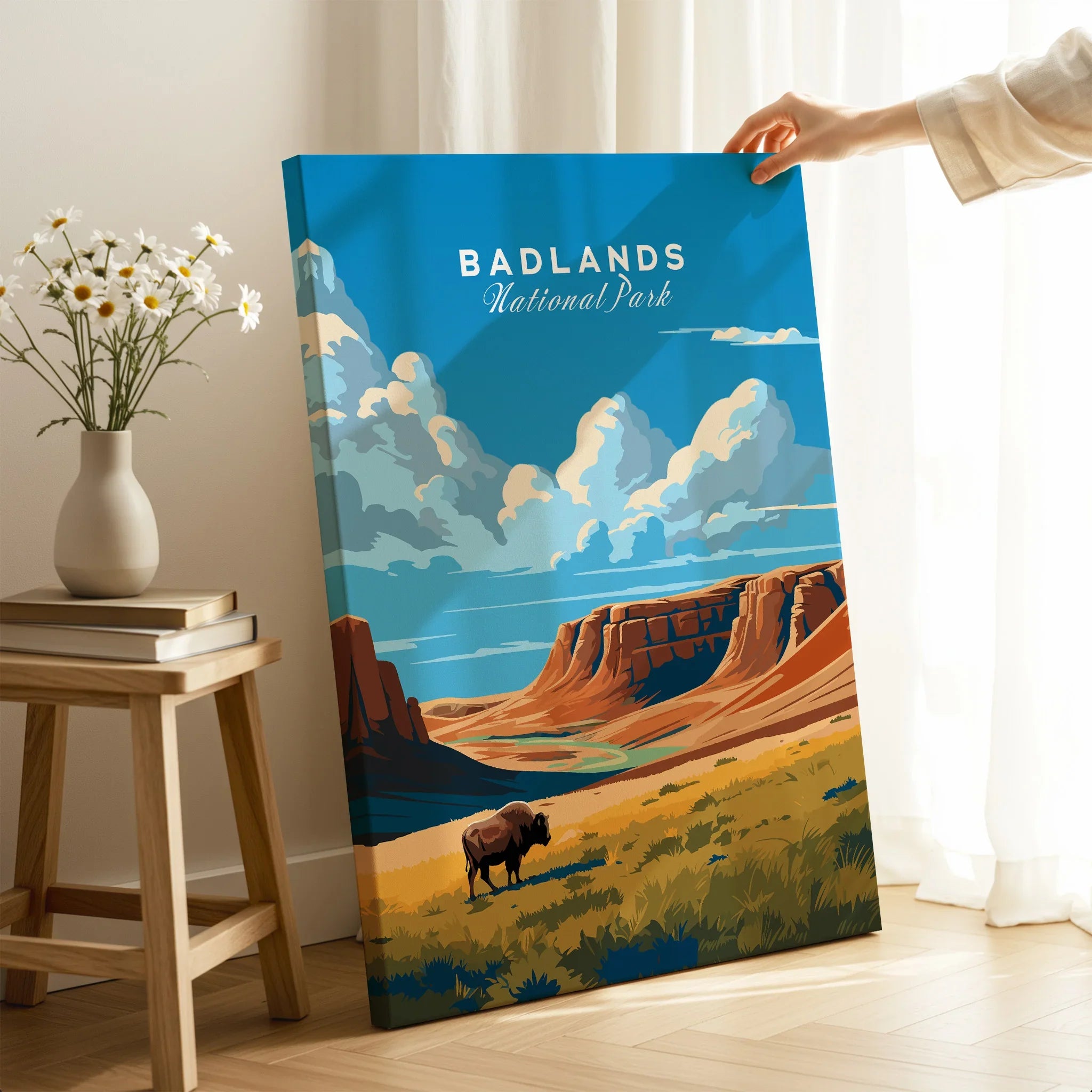 Badlands National Park canvas print with bison, landscape art in modern home decor setting