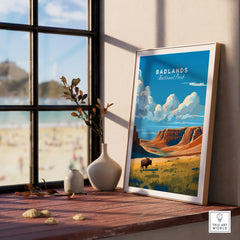 Framed Badlands National Park art print on windowsill with vases and scenic landscape design