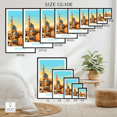 Size guide for Baghdad Wall Art prints showcasing various dimensions in a stylish home setting.