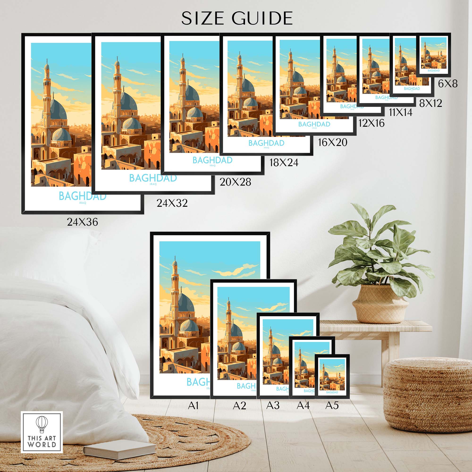 Size guide for Baghdad Wall Art prints showcasing various dimensions in a stylish home setting.