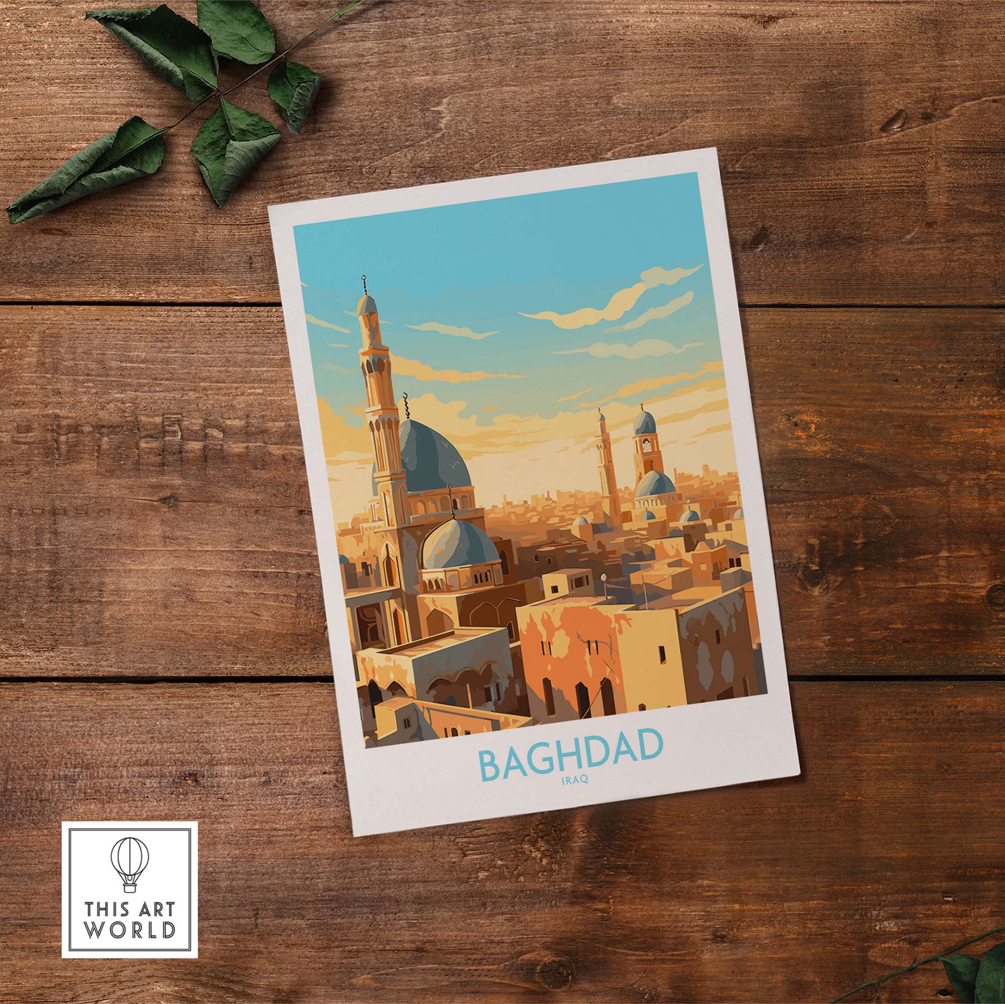 Modern Baghdad Wall Art print featuring vibrant cityscape illustration with blue sky and historic architecture.