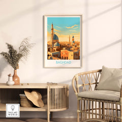 Baghdad wall art print featuring vibrant illustration of cityscape, perfect for modern home decor.
