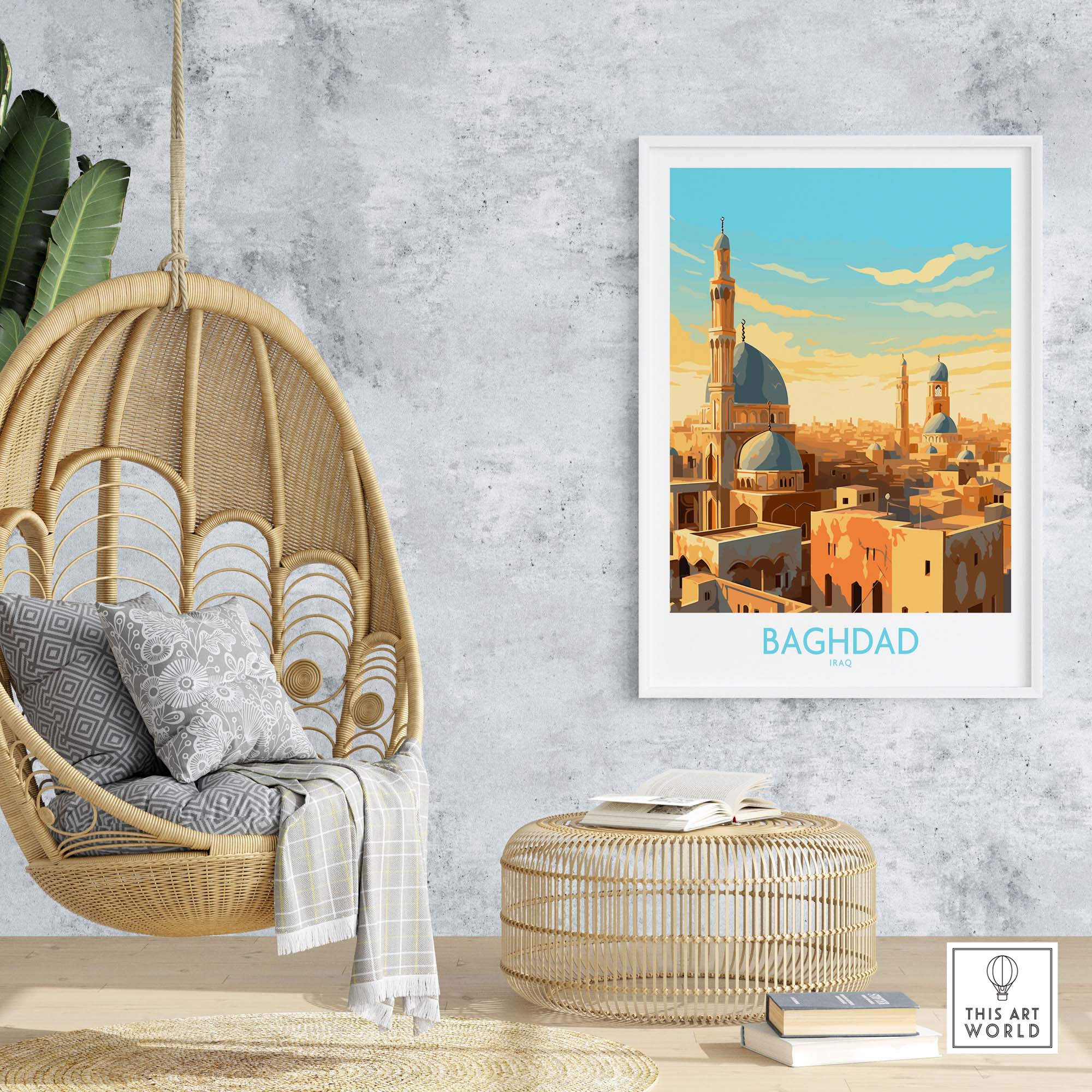 Vivid Baghdad wall art print displayed in modern decor, featuring iconic Middle Eastern architecture and vibrant colors.