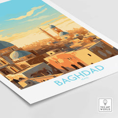 Baghdad wall art print featuring vibrant illustration of Iraq's architecture in a modern style.