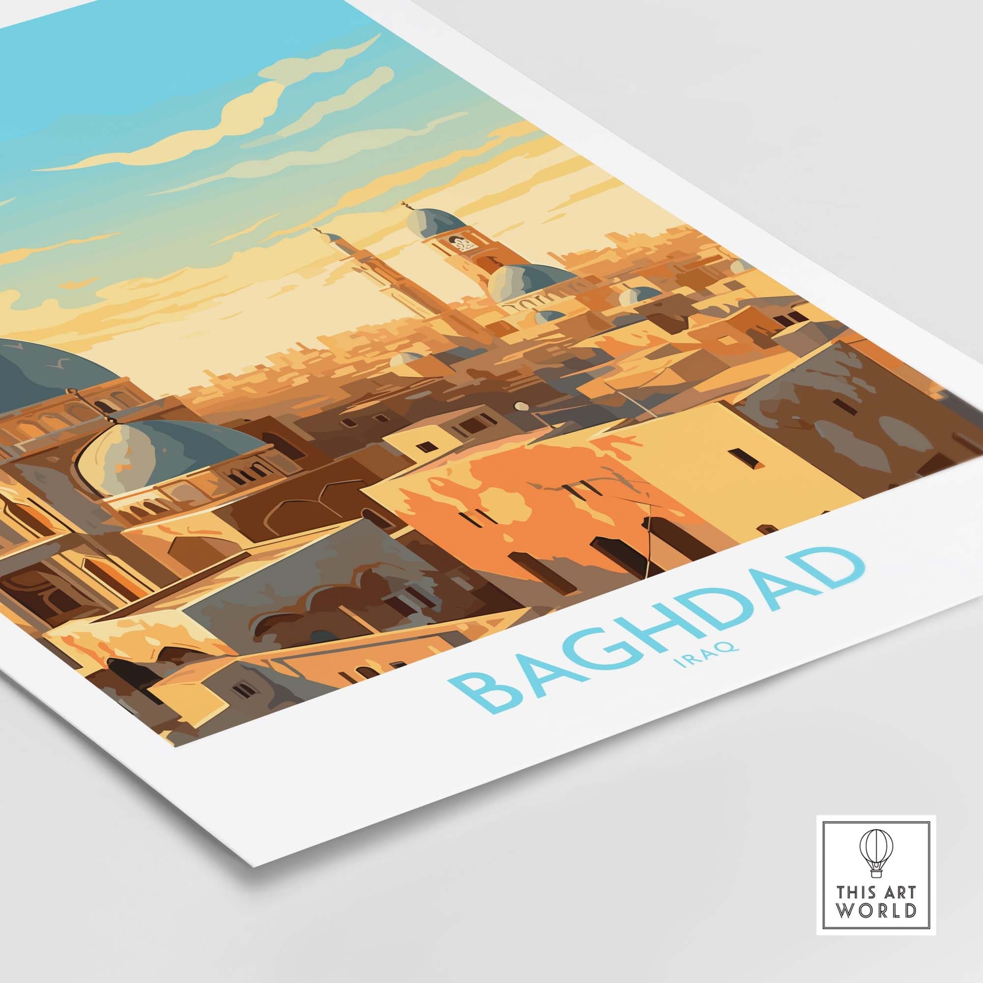 Baghdad wall art print featuring vibrant illustration of Iraq's architecture in a modern style.