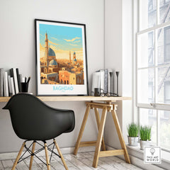 Baghdad wall art print displayed in a modern home office, showcasing vibrant Middle Eastern architecture.